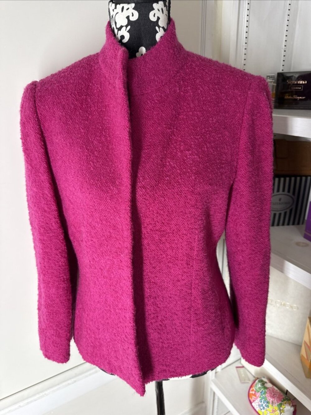 Vtg Carlisle Pink Mohair Wool Open Blazer Crop Jacket Cardigan Hong Kong 10